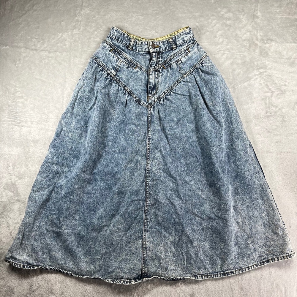 Vintage 80's Jordache Basics Acid Wash Denim Midi‎ Skirt High Waist Pleated 5/6